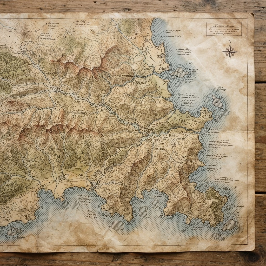 Mapa territorial desenhado à mão com curvas de nível e marcações